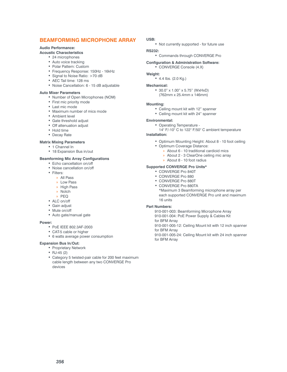 Beamforming microphone array | ClearOne Converge Pro User Manual | Page 361 / 380