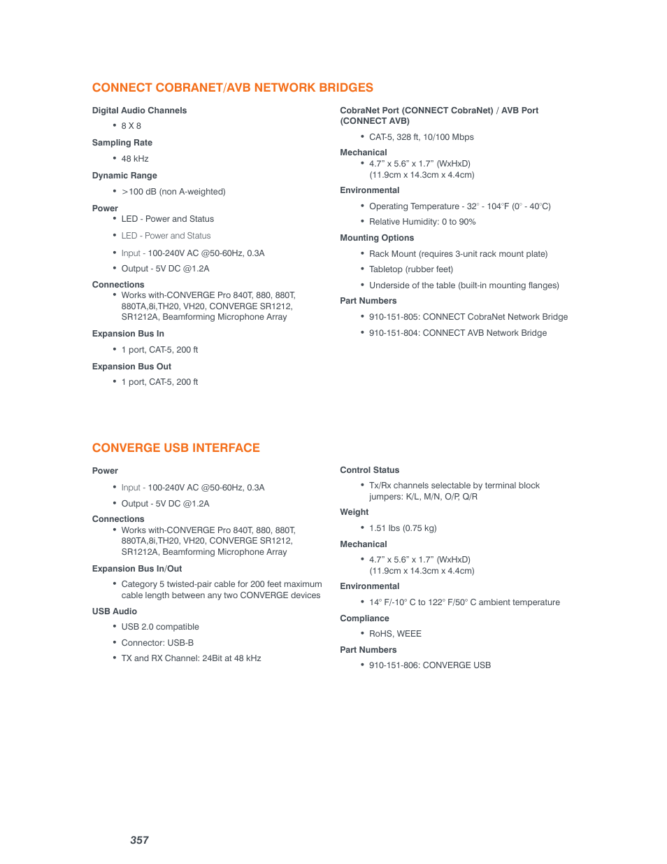 Connect cobranet/avb network bridges, Converge usb interface | ClearOne Converge Pro User Manual | Page 362 / 380