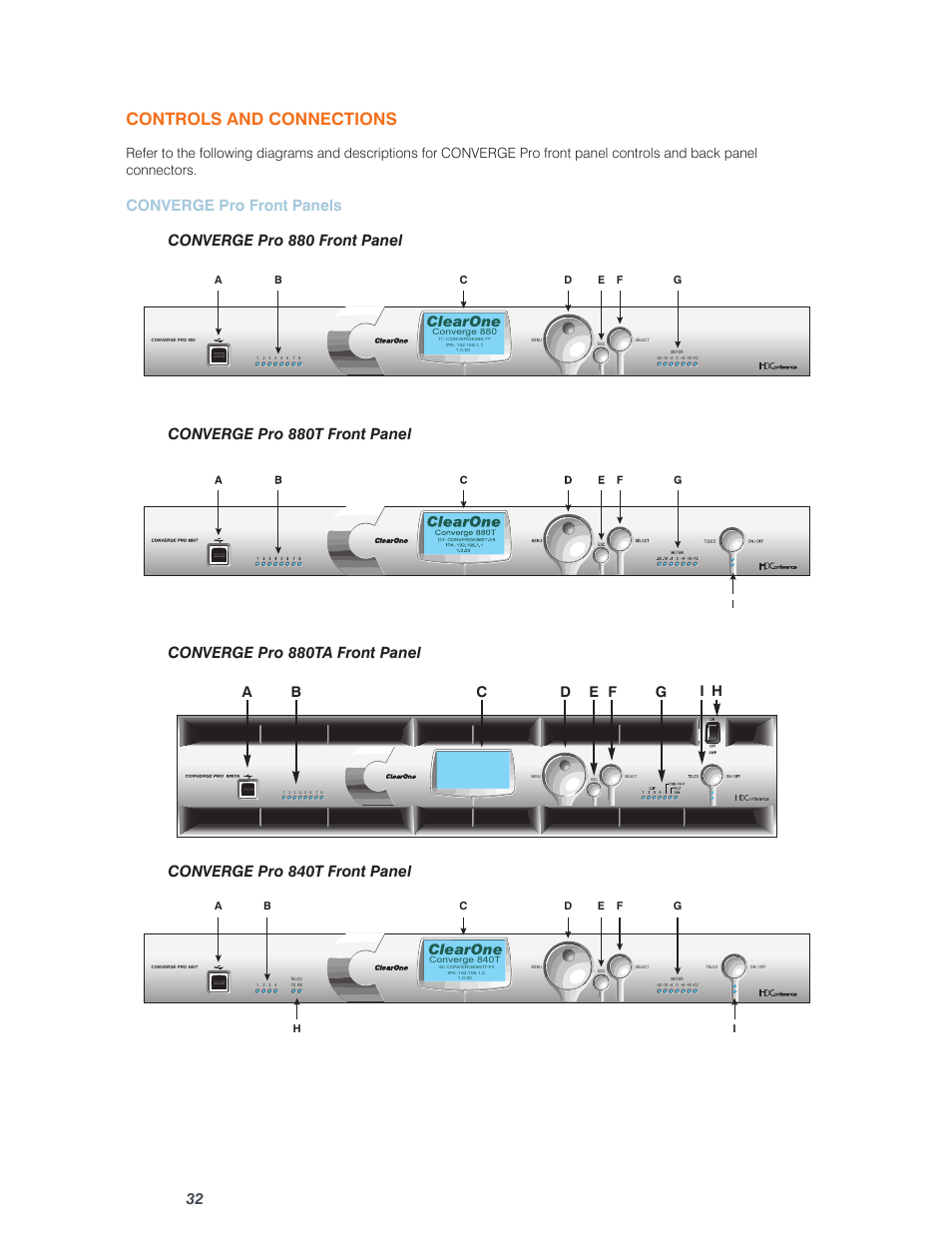 Controls and connections, Converge pro 840t front panel, Clearone | ClearOne Converge Pro User Manual | Page 37 / 380