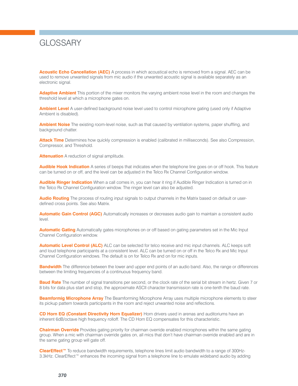 Glossary | ClearOne Converge Pro User Manual | Page 375 / 380