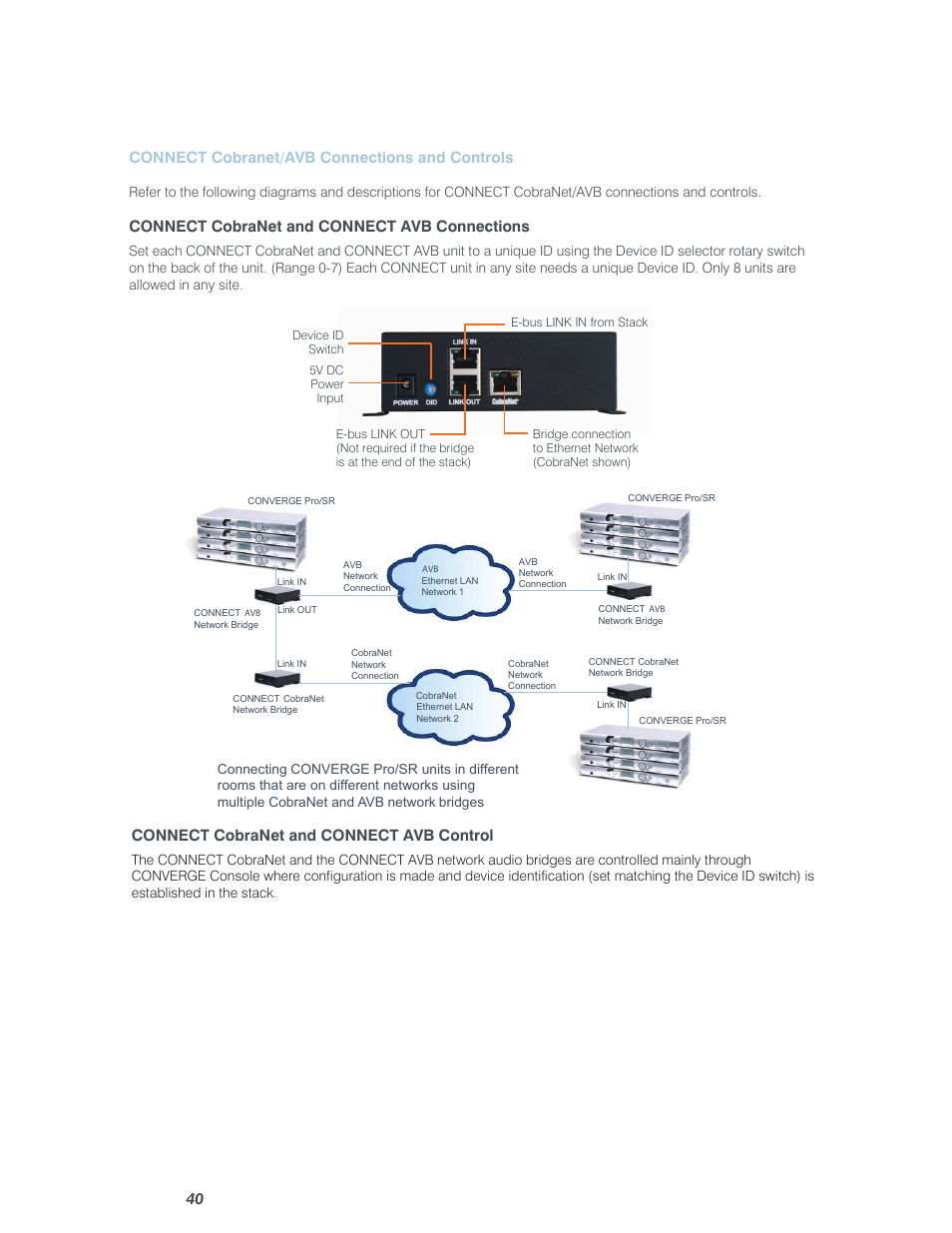 40 connect cobranet/avb connections and controls, Connect cobranet and connect avb connections, Connect cobranet and connect avb control | ClearOne Converge Pro User Manual | Page 45 / 380