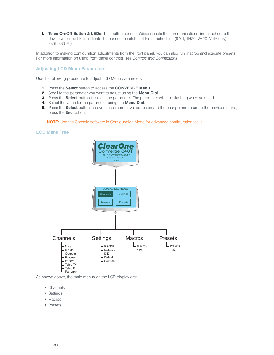 Clearone, Channels, Settings | Macros, Presets | ClearOne Converge Pro User Manual | Page 52 / 380