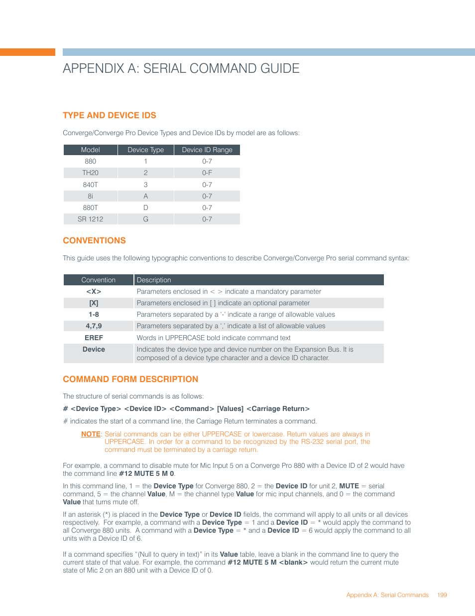 Appendix a: serial command guide | ClearOne Converge Pro User Manual | Page 203 / 270