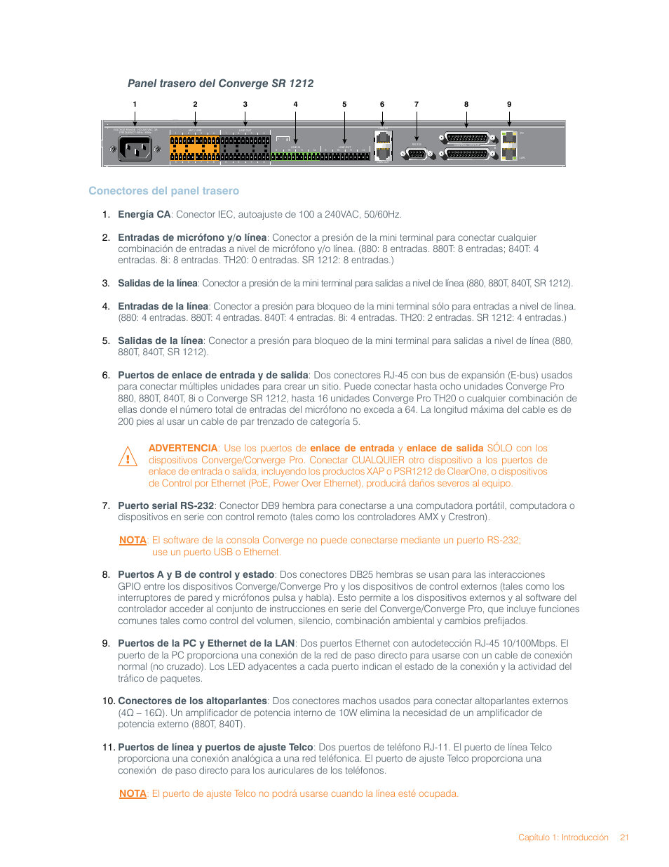 Panel trasero del converge sr 1212, Conectores del panel trasero | ClearOne Converge Pro User Manual | Page 25 / 270