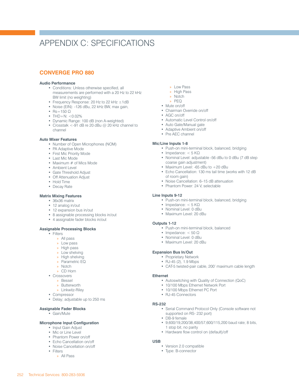Appendix c: specifications, Converge pro 880 | ClearOne Converge Pro User Manual | Page 256 / 270