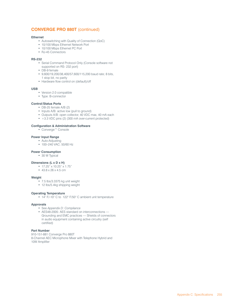 Converge pro 880t (continued) | ClearOne Converge Pro User Manual | Page 259 / 270