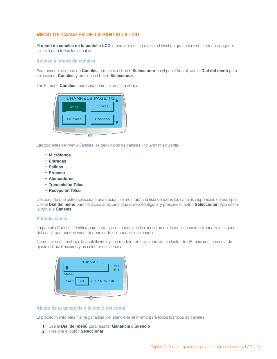 Menú de canales de la pantalla lcd | ClearOne Converge Pro User Manual | Page 31 / 270