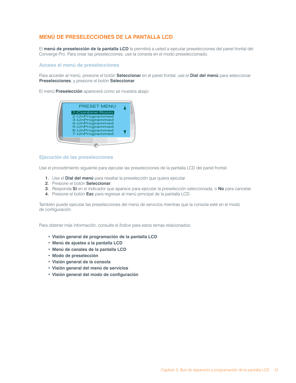 Menú de preselecciones de la pantalla lcd | ClearOne Converge Pro User Manual | Page 35 / 270