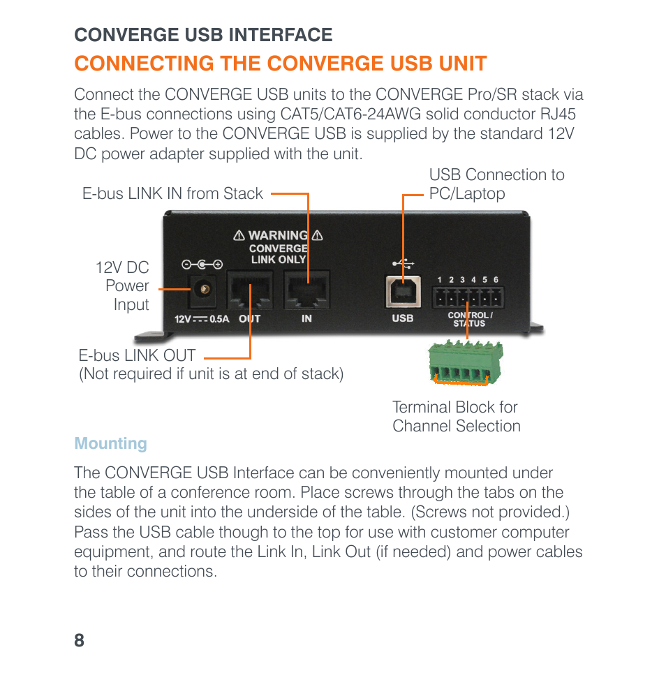 Connecting the converge usb unit, Mounting, Ounting | ClearOne Converge USB User Manual | Page 10 / 18