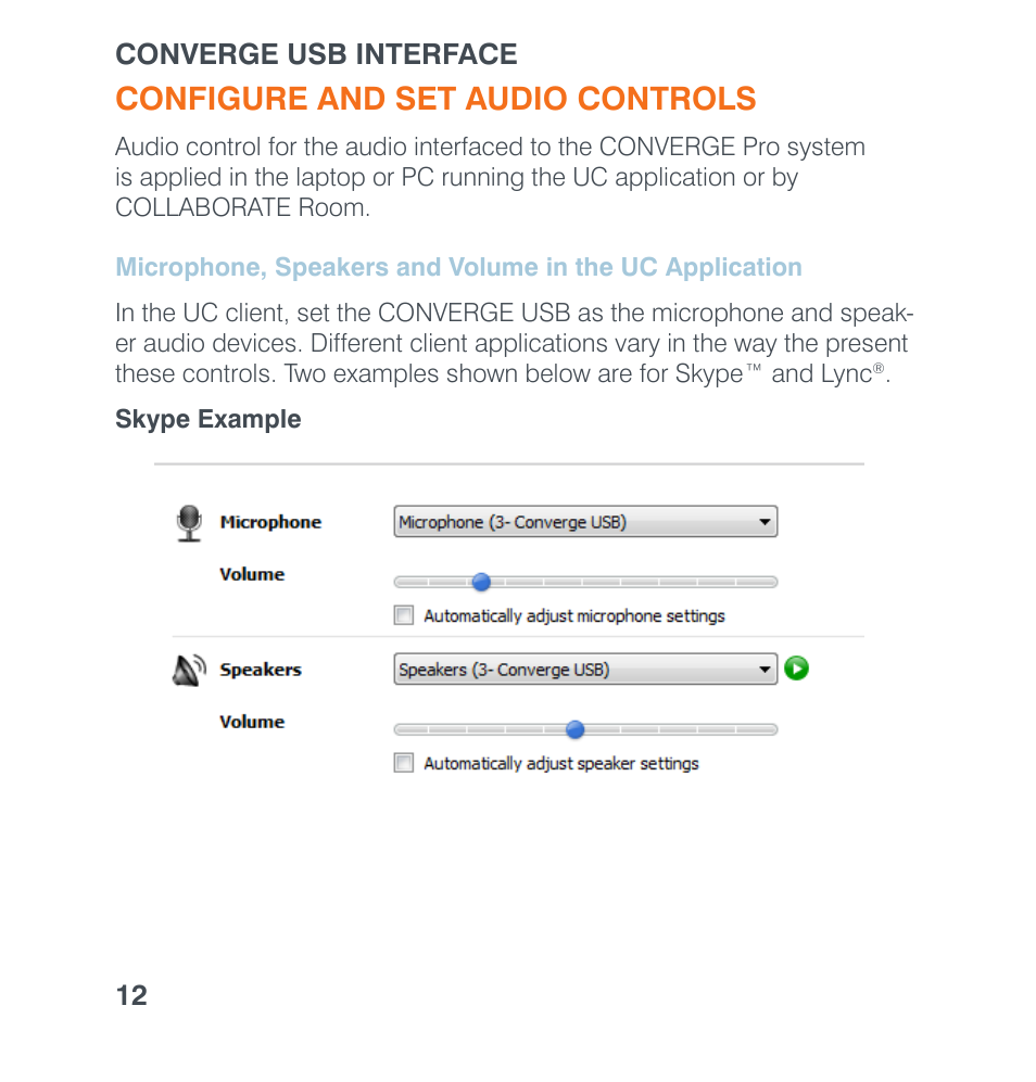 Configure and set audio controls, Icrophone, Peakers | Olume, Uc a, Pplication | ClearOne Converge USB User Manual | Page 14 / 18