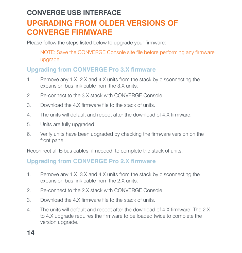 Upgrading from older versions ofconverge firmware, Upgrading from converge pro 3.x firmware, Upgrading from converge pro 2.x firmware | Upgrading from older versions of converge firmware, Pgrading, From, Converge p, Firmware, Converge usb interface 14 | ClearOne Converge USB User Manual | Page 16 / 18