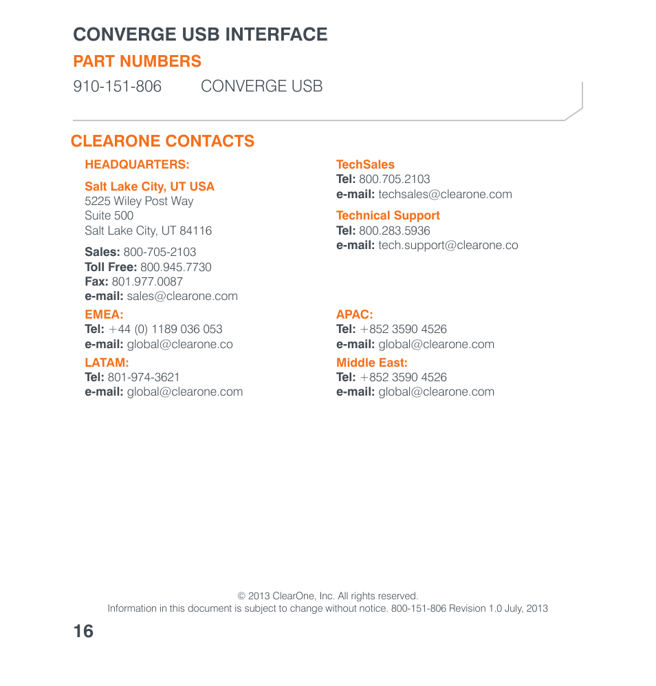 Part numbers, Clearone contacts, Part numbers clearone locations | Converge usb interface 16 | ClearOne Converge USB User Manual | Page 18 / 18