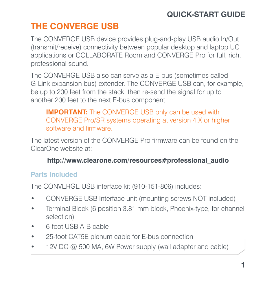 The converge usb, Parts included, Arts | Ncluded | ClearOne Converge USB User Manual | Page 3 / 18