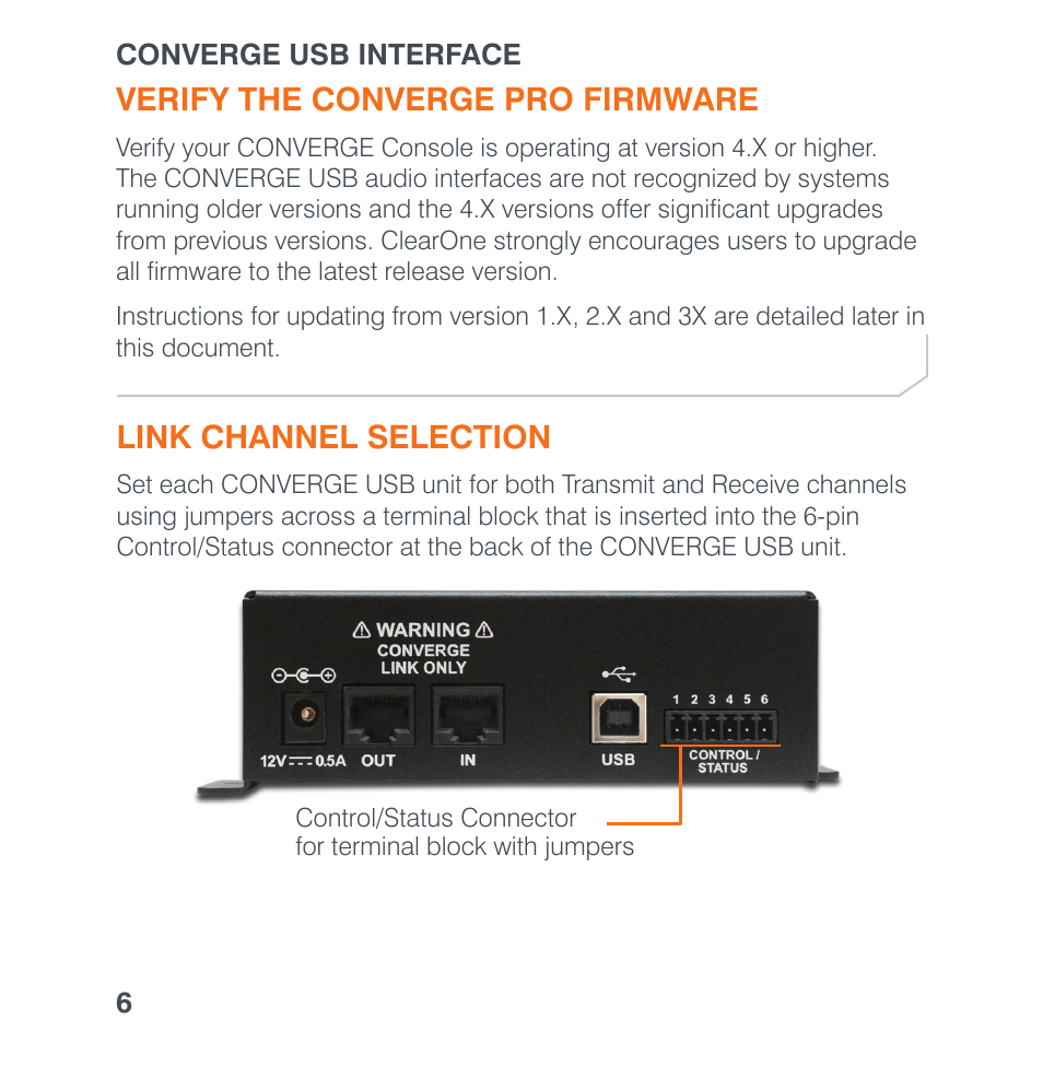 Verify the converge pro firmware, Link channel selection | ClearOne Converge USB User Manual | Page 8 / 18