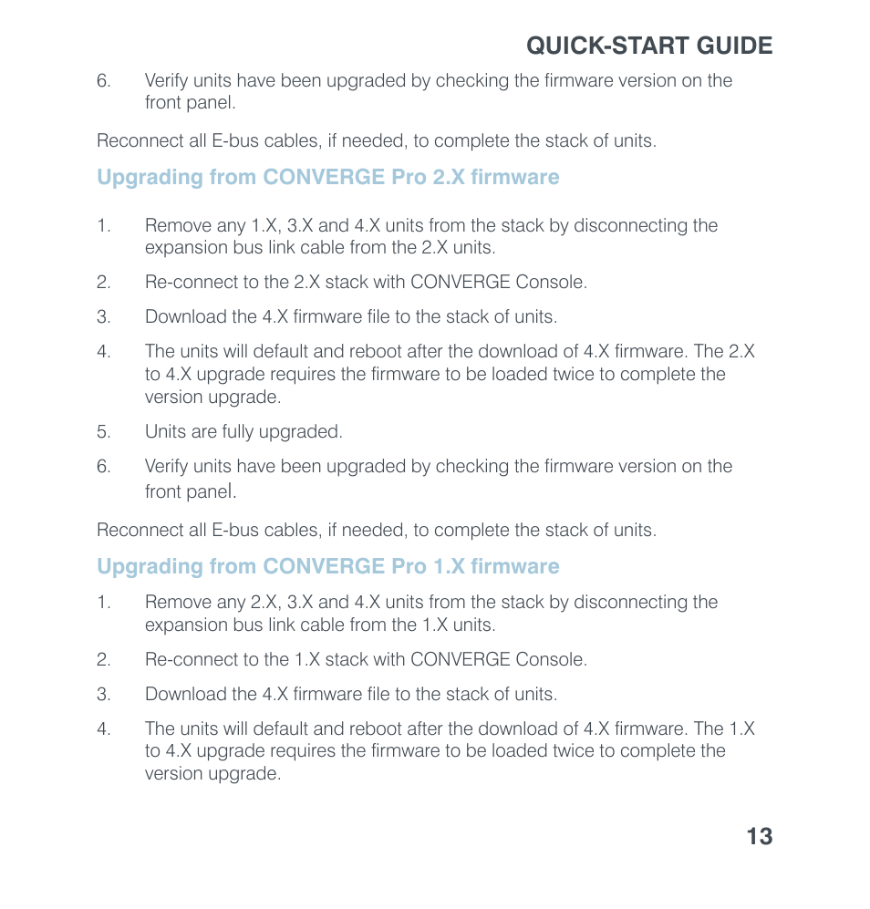 Upgrading from converge pro 2.x firmware, Upgrading from converge pro 1.x firmware, Pgrading | From, Converge p, Firmware, Quick-start guide 13 | ClearOne Connect AVB User Manual | Page 15 / 16