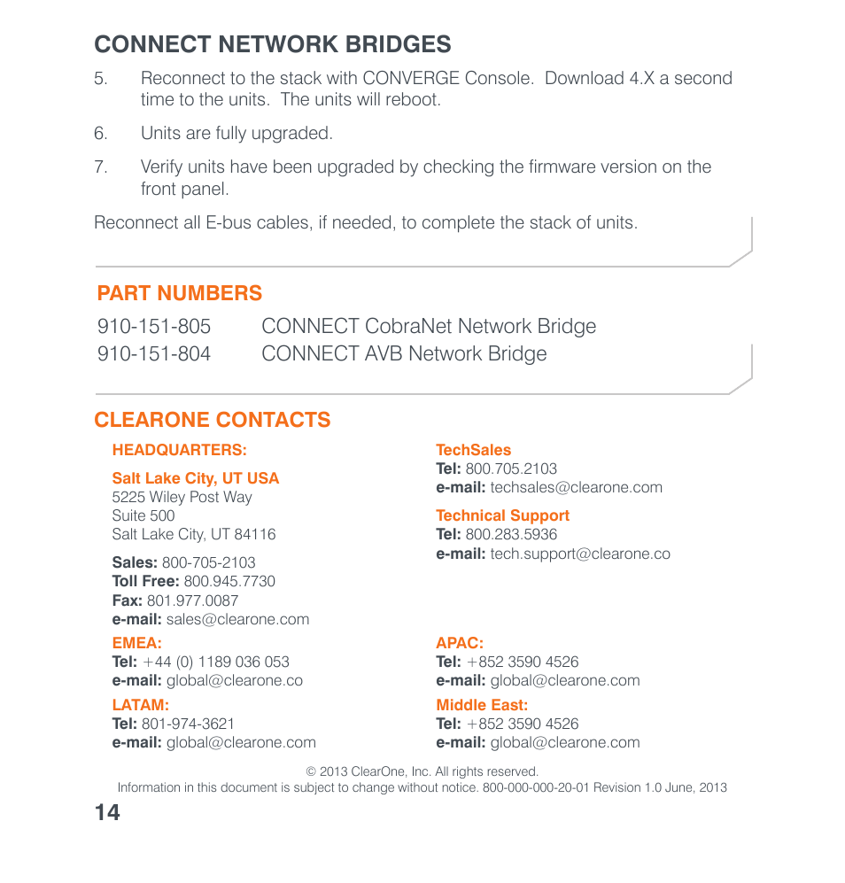 Part numbers, Clearone contacts, Part numbers clearone locations | Connect network bridges 14 | ClearOne Connect AVB User Manual | Page 16 / 16