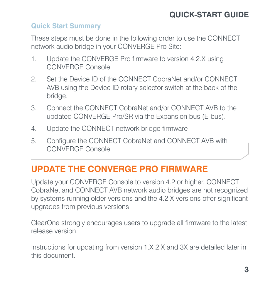 Quick start summary, Update the converge pro firmware, Uick | Tart, Ummary | ClearOne Connect AVB User Manual | Page 5 / 16