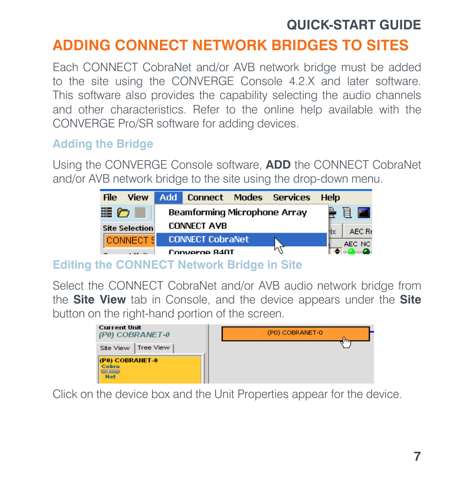 Adding connect network bridges to sites, Adding the bridge, Editing the connect network bridge in site | Dding, Ridge, Diting, Connect n, Etwork | ClearOne Connect AVB User Manual | Page 9 / 16