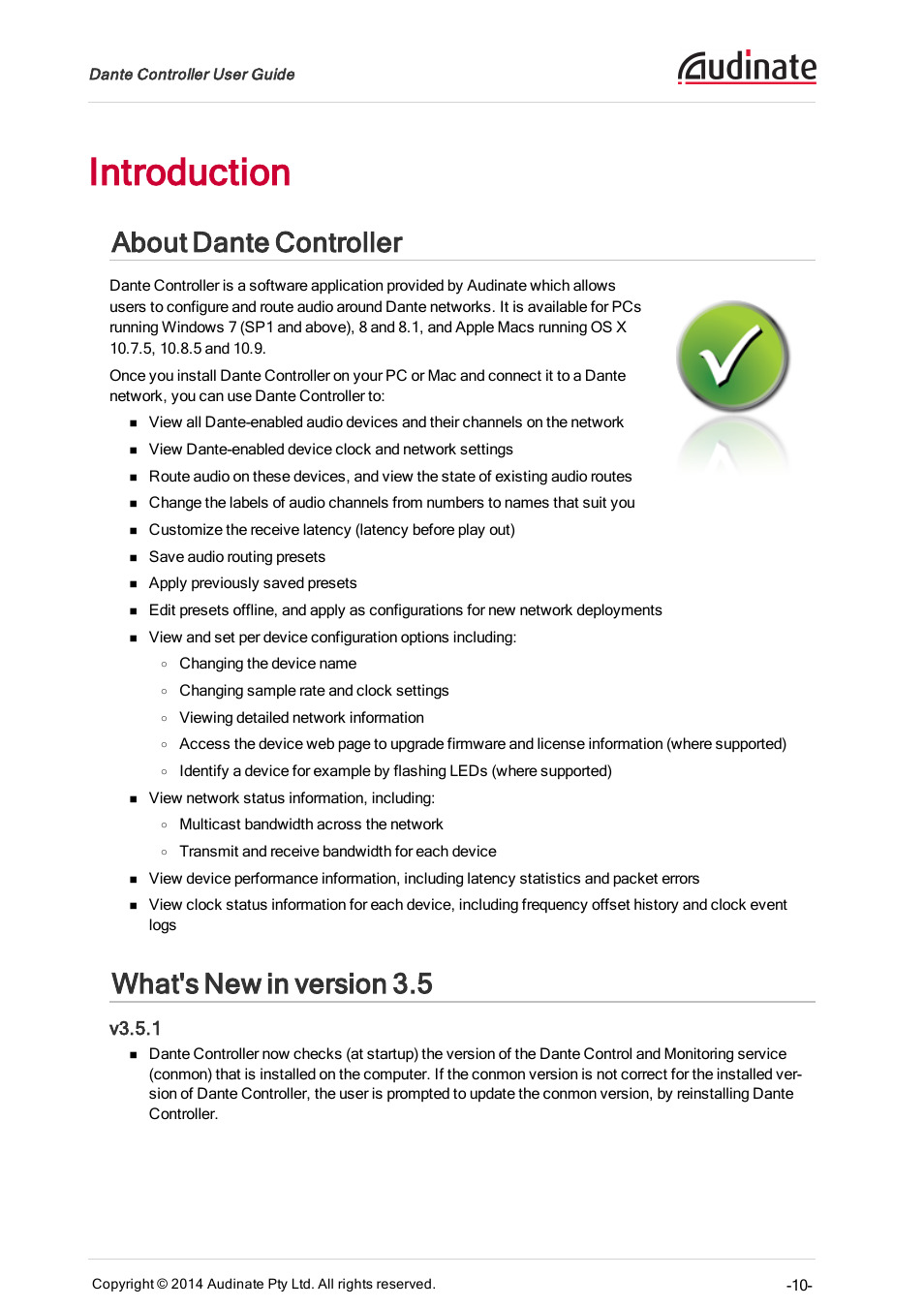 Introduction, About dante controller, What's new in version 3.5 | V3.5.1 | ClearOne Dante Controller User Manual | Page 10 / 82