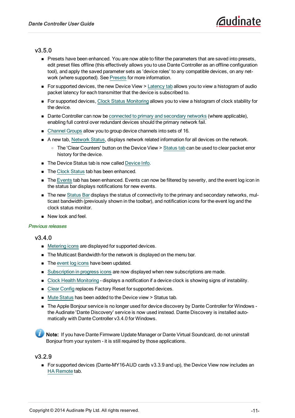 V3.5.0, V3.4.0, V3.2.9 | ClearOne Dante Controller User Manual | Page 11 / 82