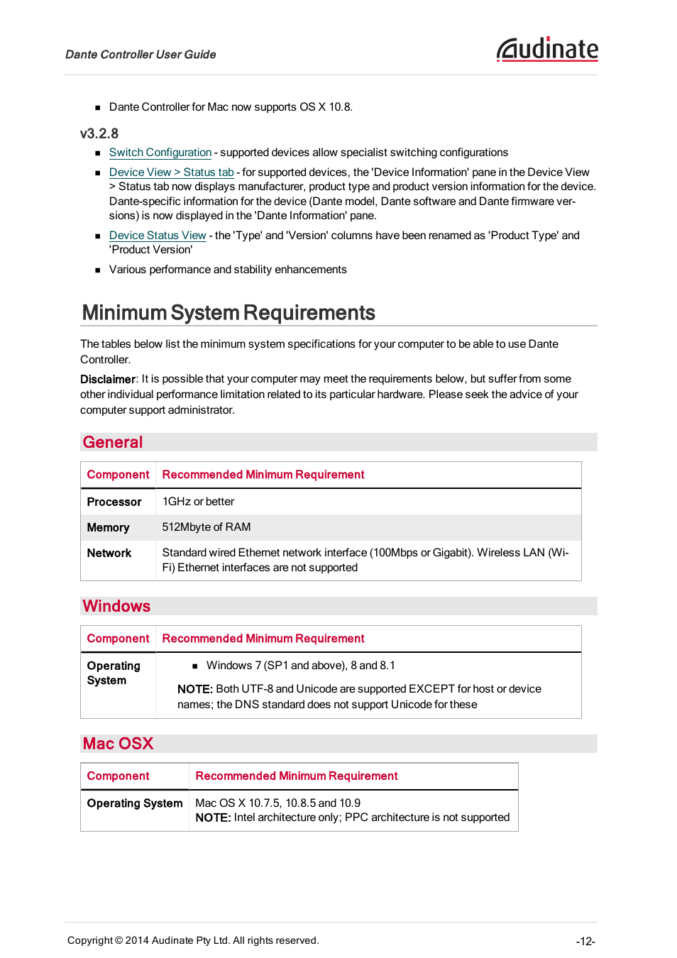 V3.2.8, Minimum system requirements, General | Windows, Mac osx | ClearOne Dante Controller User Manual | Page 12 / 82