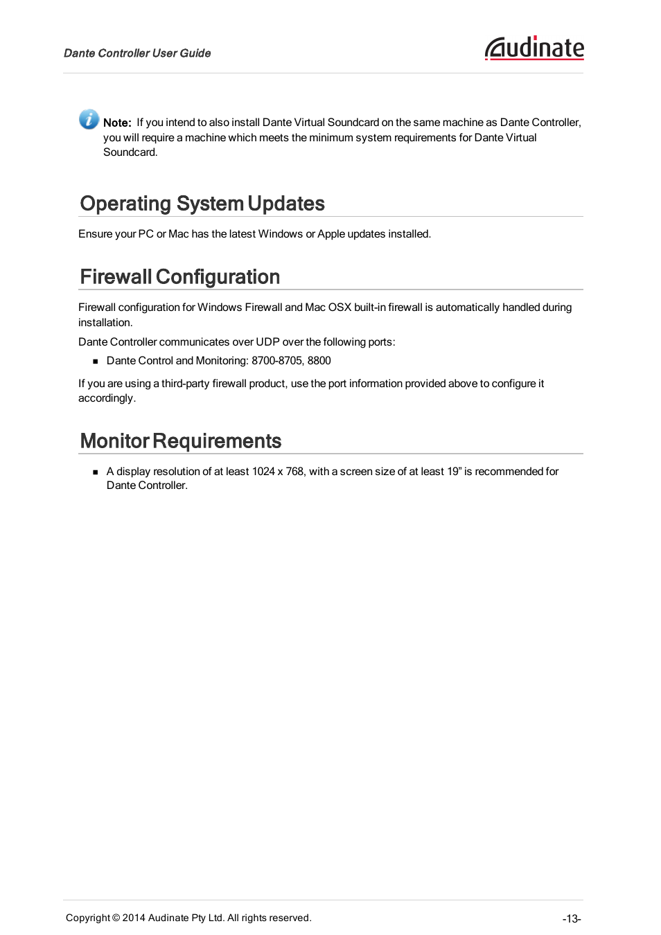 Operating system updates, Firewall configuration, Monitor requirements | ClearOne Dante Controller User Manual | Page 13 / 82