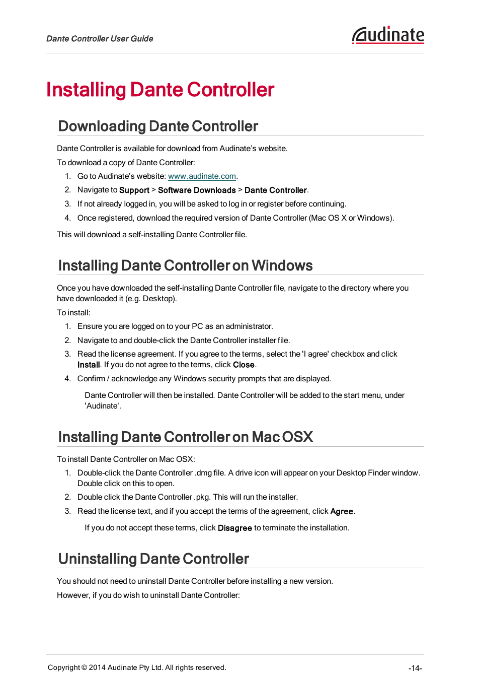 Installing dante controller, Downloading dante controller, Installing dante controller on windows | Installing dante controller on mac osx, Uninstalling dante controller | ClearOne Dante Controller User Manual | Page 14 / 82