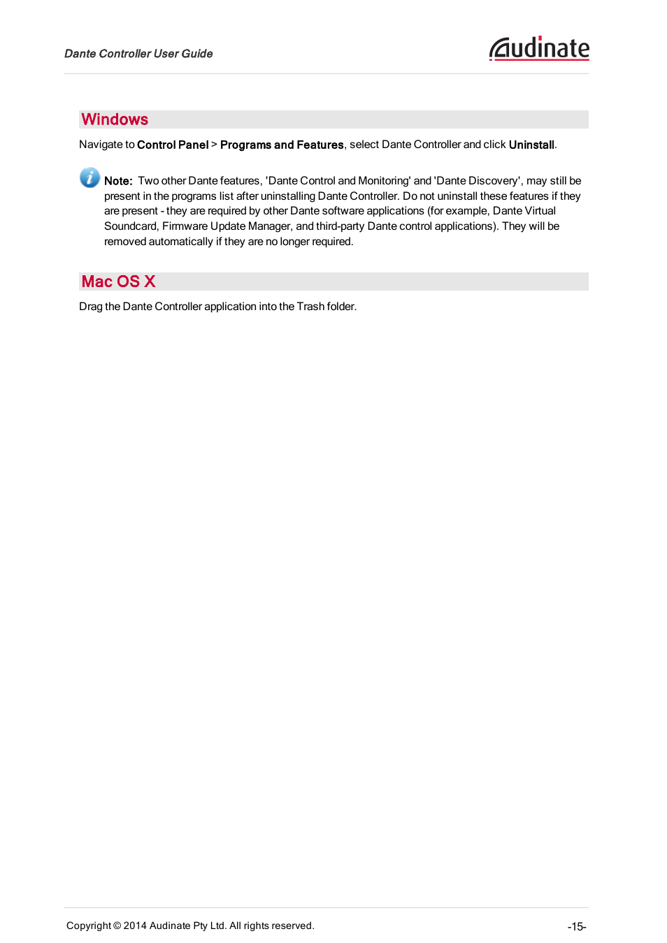 Windows, Mac os x | ClearOne Dante Controller User Manual | Page 15 / 82