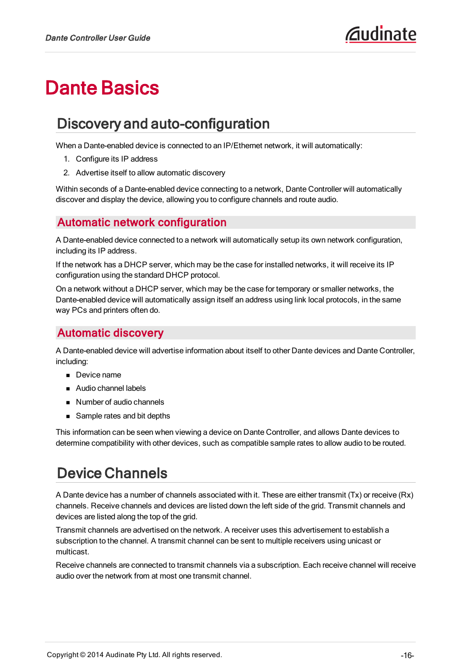 Dante basics, Discovery and auto-configuration, Automatic network configuration | Automatic discovery, Device channels | ClearOne Dante Controller User Manual | Page 16 / 82