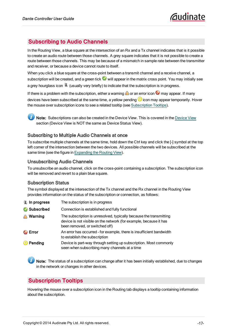 Subscribing to audio channels, Subscribing to multiple audio channels at once, Unsubscribing audio channels | Subscription status, Subscription tooltips, Subscription in progress icons | ClearOne Dante Controller User Manual | Page 17 / 82