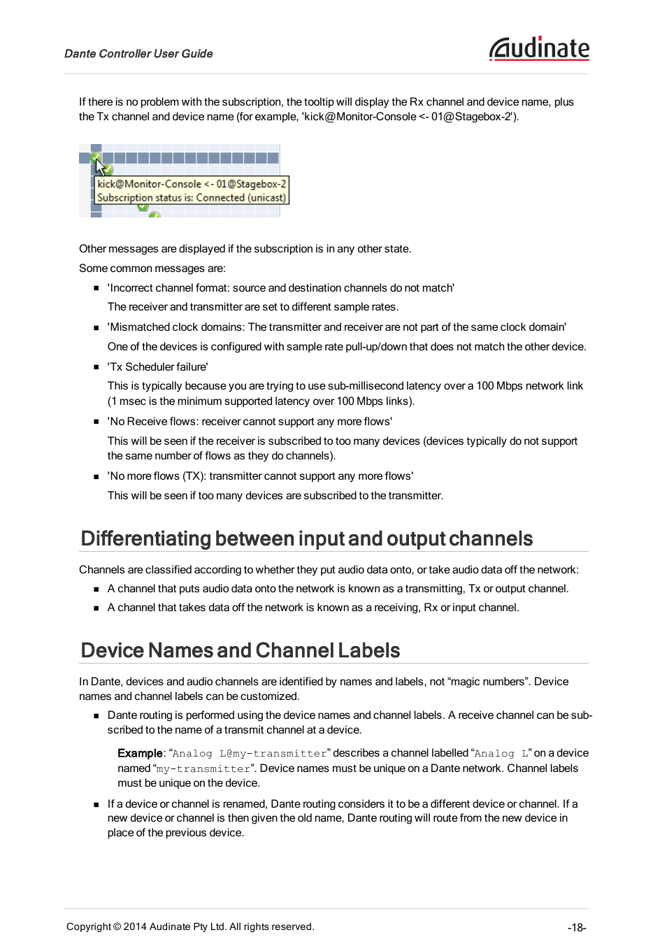 Differentiating between input and output channels, Device names and channel labels | ClearOne Dante Controller User Manual | Page 18 / 82