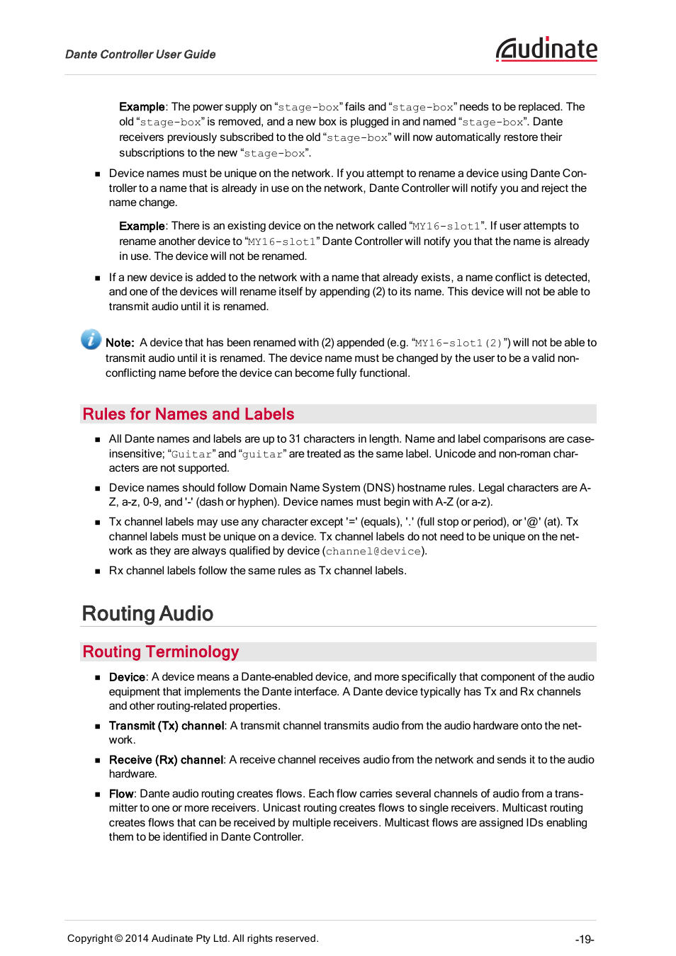 Rules for names and labels, Routing audio, Routing terminology | ClearOne Dante Controller User Manual | Page 19 / 82