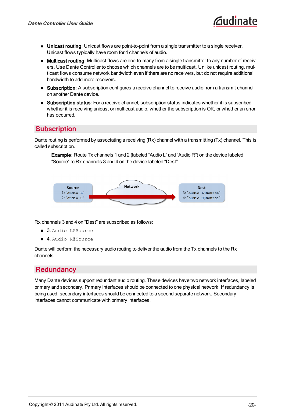 Subscription, Redundancy | ClearOne Dante Controller User Manual | Page 20 / 82