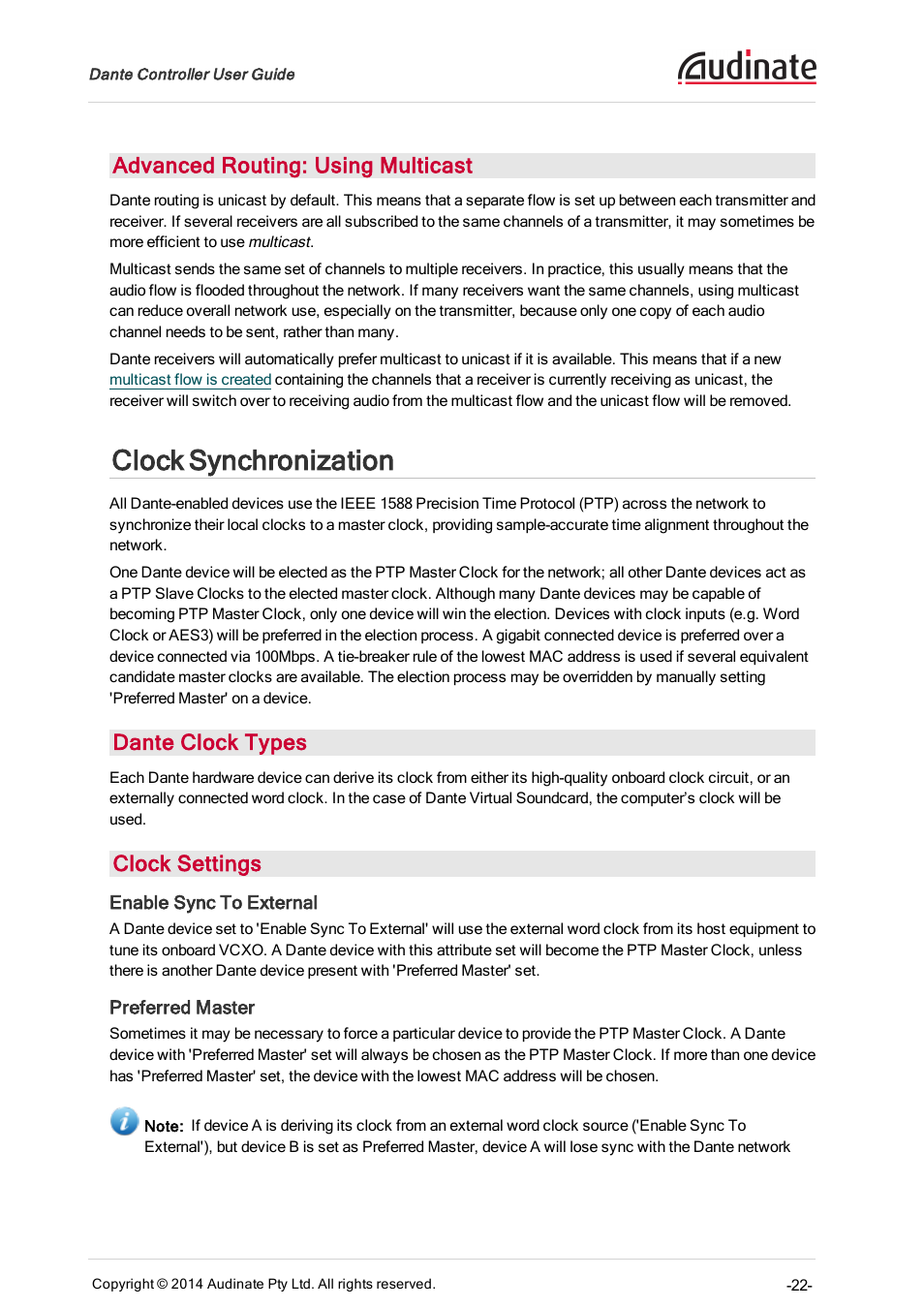 Advanced routing: using multicast, Clock synchronization, Dante clock types | Clock settings, Enable sync to external, Preferred master, Clock health monitoring | ClearOne Dante Controller User Manual | Page 22 / 82