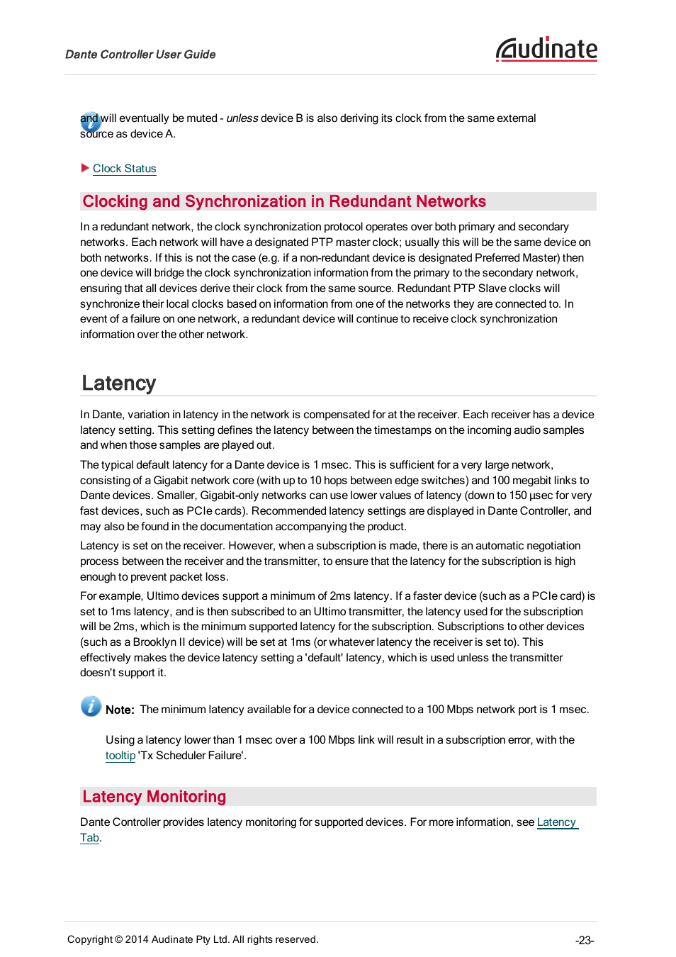 Clocking and synchronization in redundant networks, Latency, Latency monitoring | ClearOne Dante Controller User Manual | Page 23 / 82