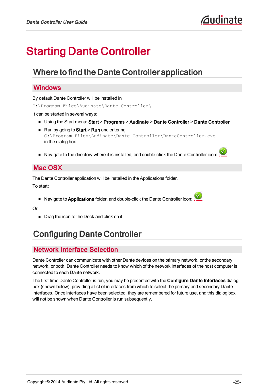 Starting dante controller, Where to find the dante controller application, Windows | Mac osx, Configuring dante controller, Network interface selection, Connected to primary and secondary networks | ClearOne Dante Controller User Manual | Page 25 / 82