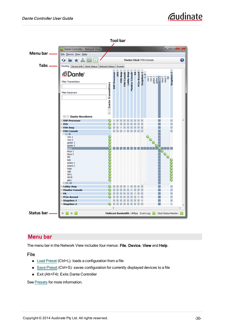 Menu bar, File | ClearOne Dante Controller User Manual | Page 30 / 82