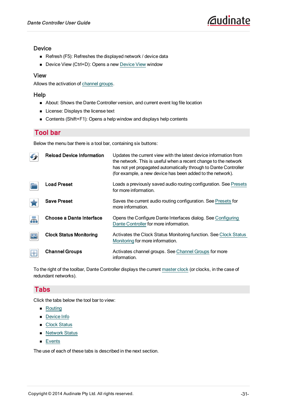 Device, View, Help | Tool bar, Tabs | ClearOne Dante Controller User Manual | Page 31 / 82