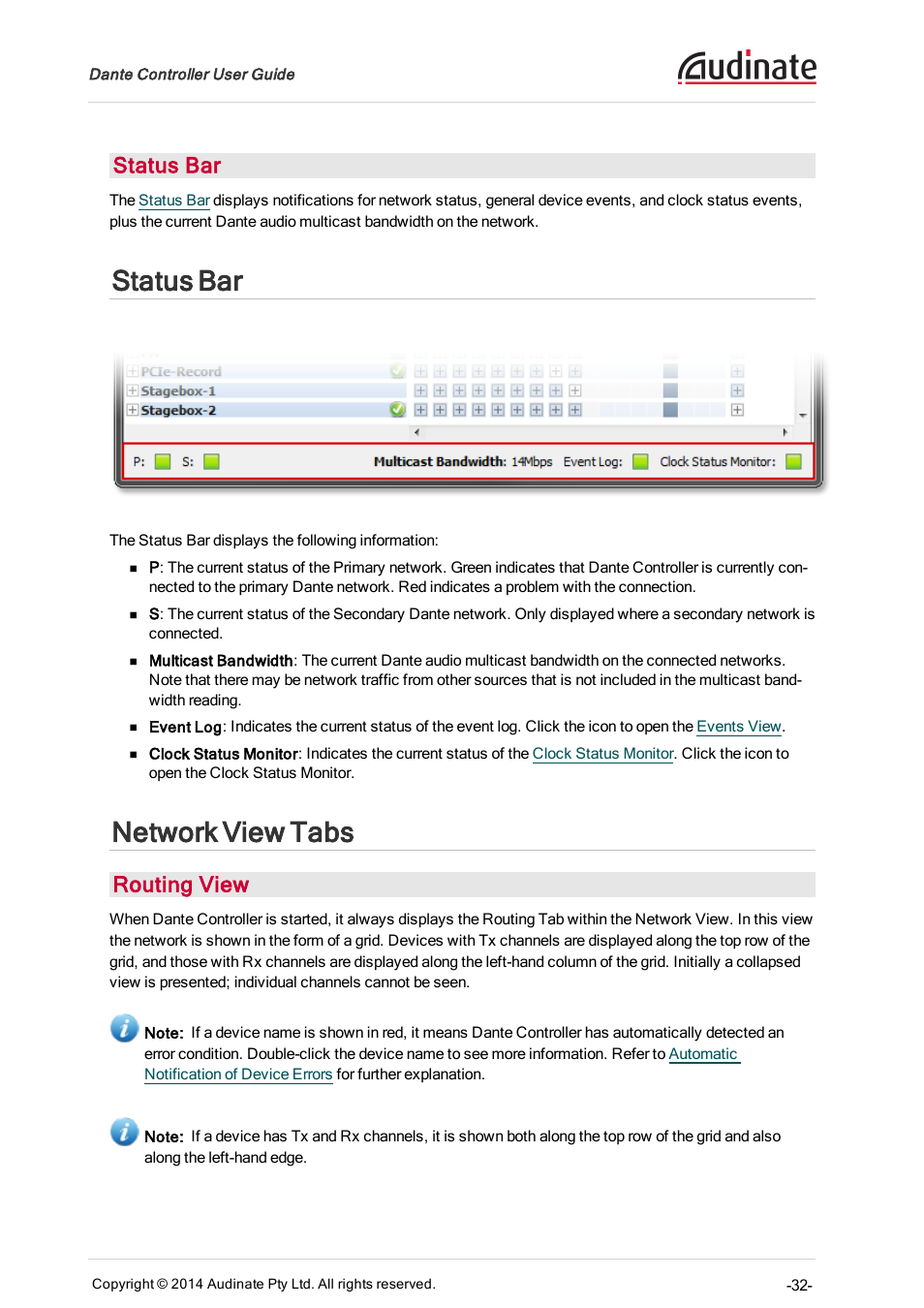 Status bar, Network view tabs, Routing view | Routing | ClearOne Dante Controller User Manual | Page 32 / 82