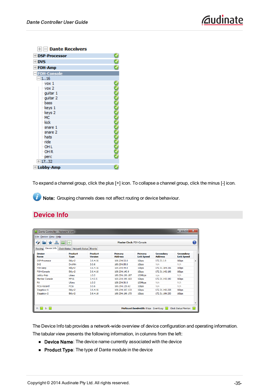 Device info | ClearOne Dante Controller User Manual | Page 35 / 82