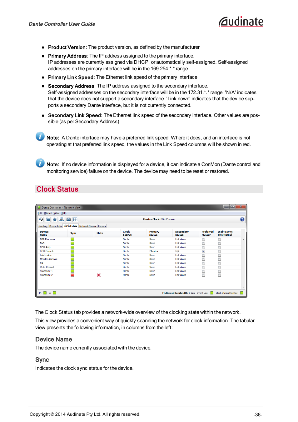 Clock status, Device name, Sync | ClearOne Dante Controller User Manual | Page 36 / 82