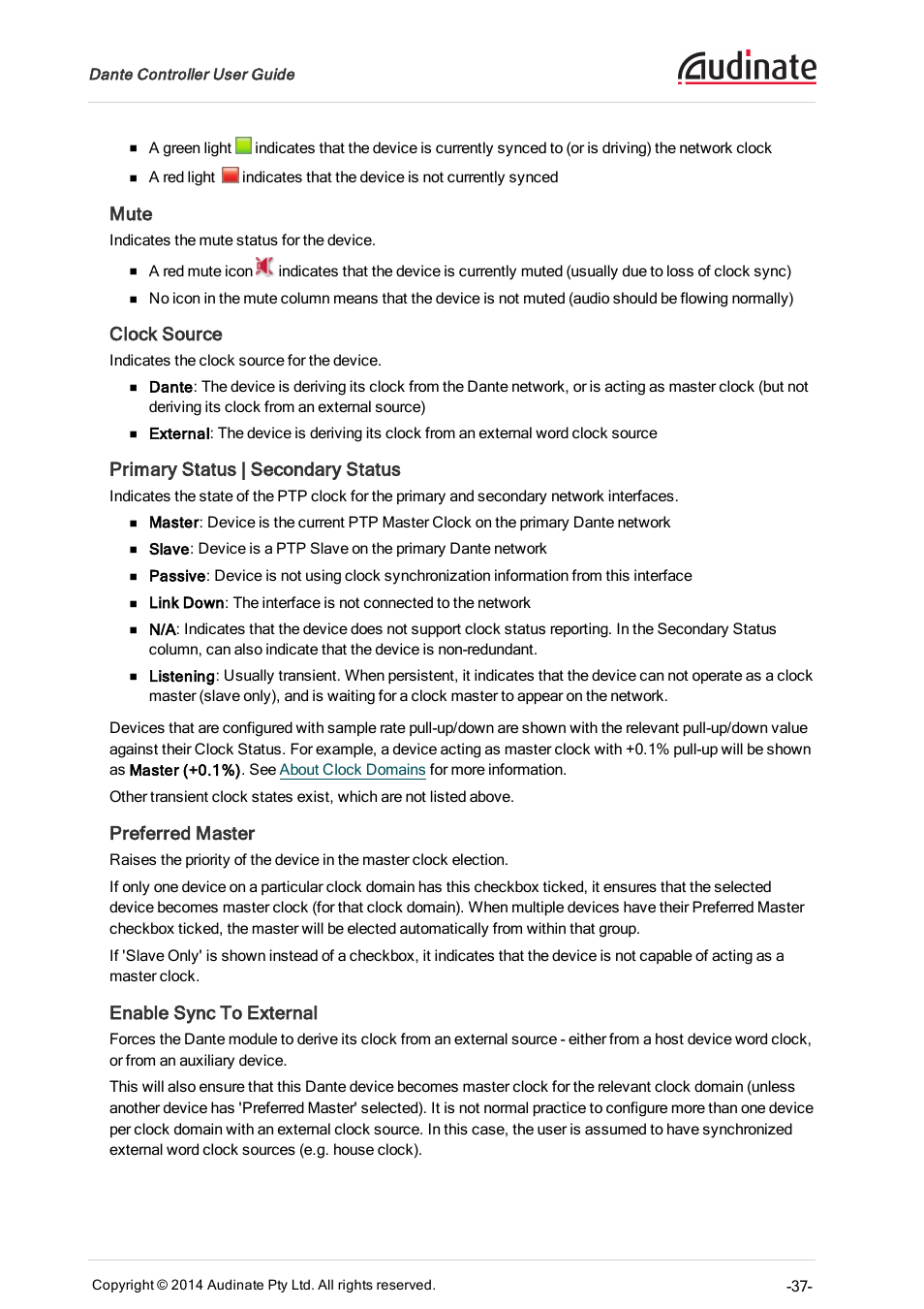 Mute, Clock source, Primary status | secondary status | Preferred master, Enable sync to external | ClearOne Dante Controller User Manual | Page 37 / 82