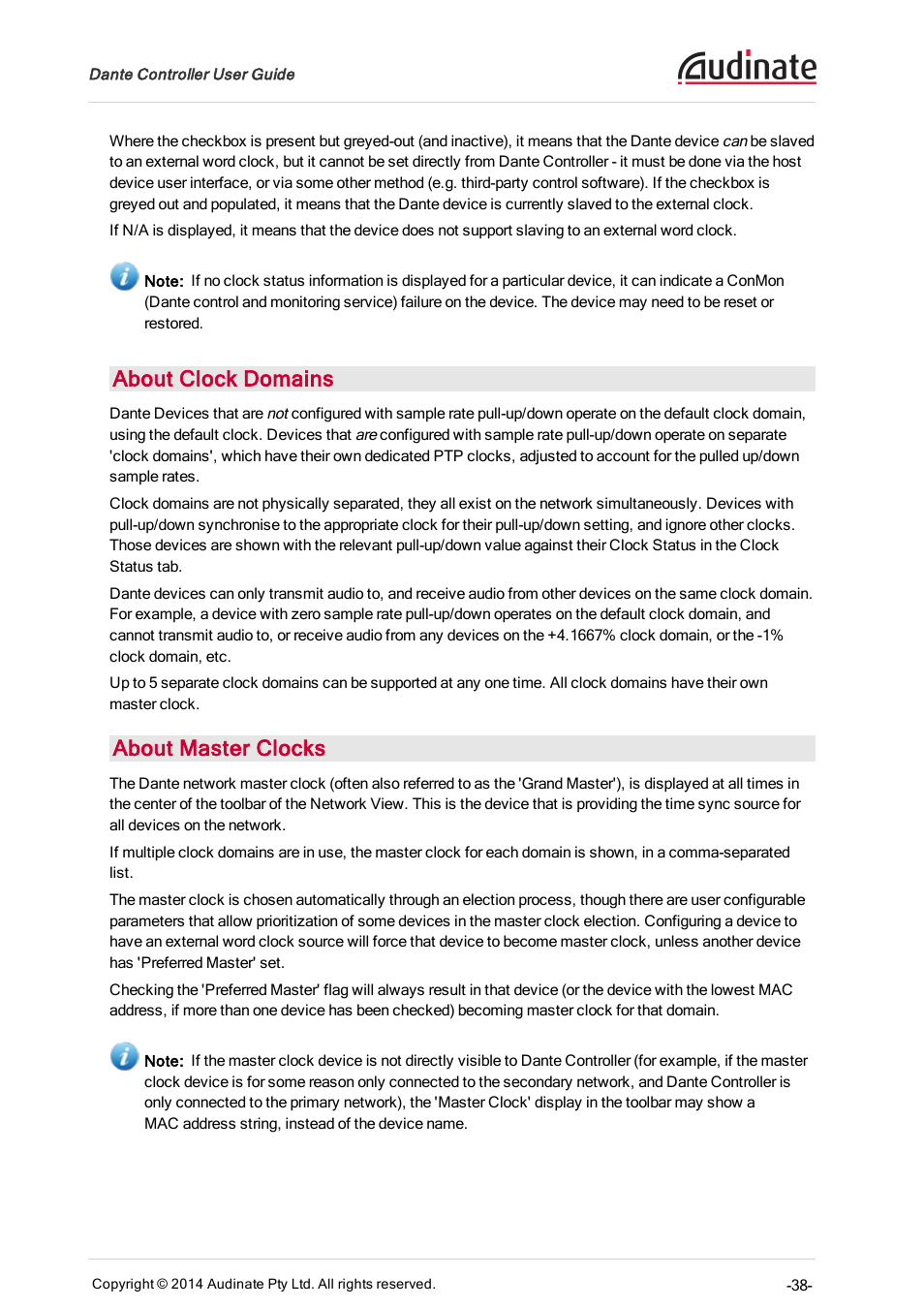 About clock domains, About master clocks | ClearOne Dante Controller User Manual | Page 38 / 82