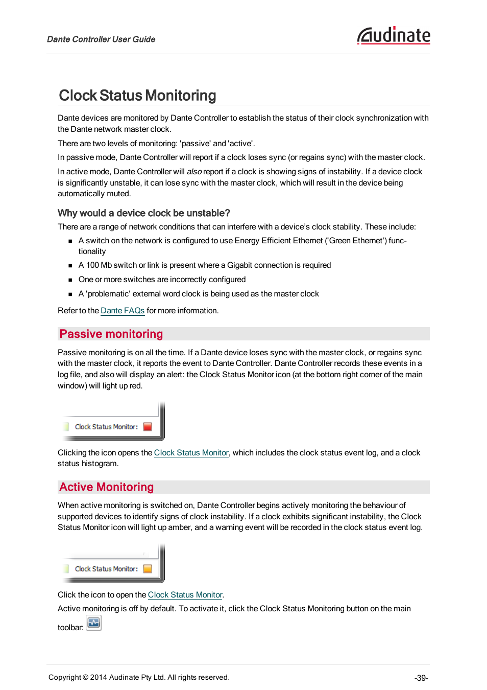 Clock status monitoring, Why would a device clock be unstable, Passive monitoring | Active monitoring, Clock status, Monitoring | ClearOne Dante Controller User Manual | Page 39 / 82