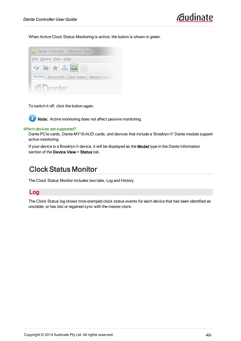 Clock status monitor | ClearOne Dante Controller User Manual | Page 40 / 82