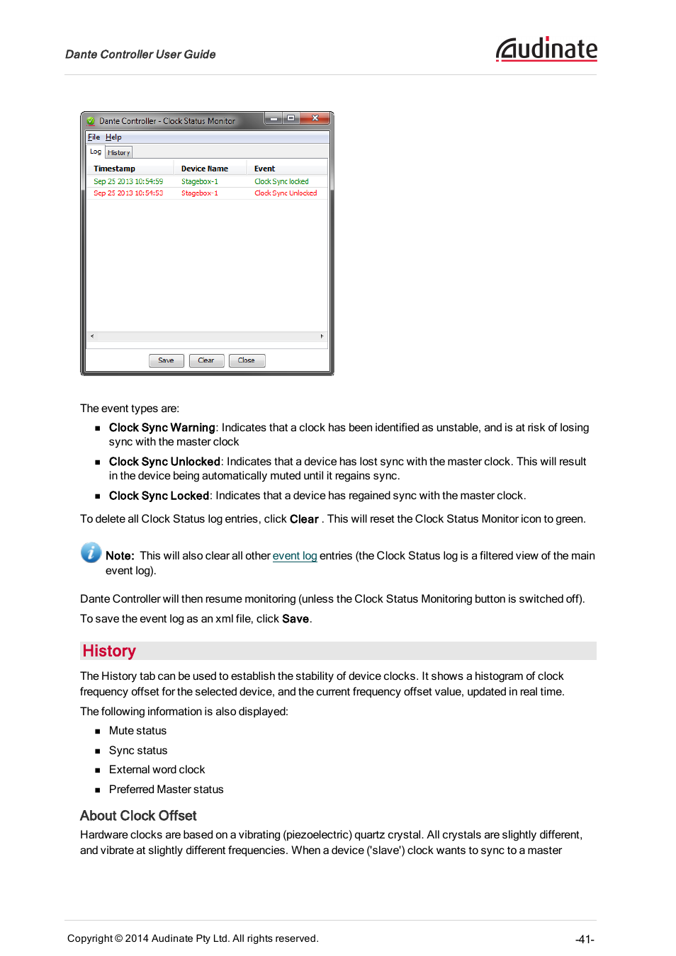 History, About clock offset | ClearOne Dante Controller User Manual | Page 41 / 82