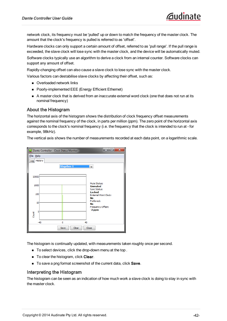 About the histogram, Interpreting the histogram | ClearOne Dante Controller User Manual | Page 42 / 82