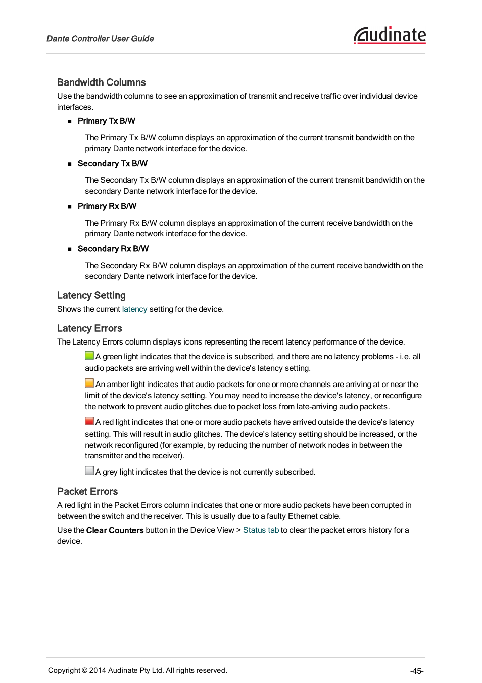 Bandwidth columns, Latency setting, Latency errors | Packet errors | ClearOne Dante Controller User Manual | Page 45 / 82