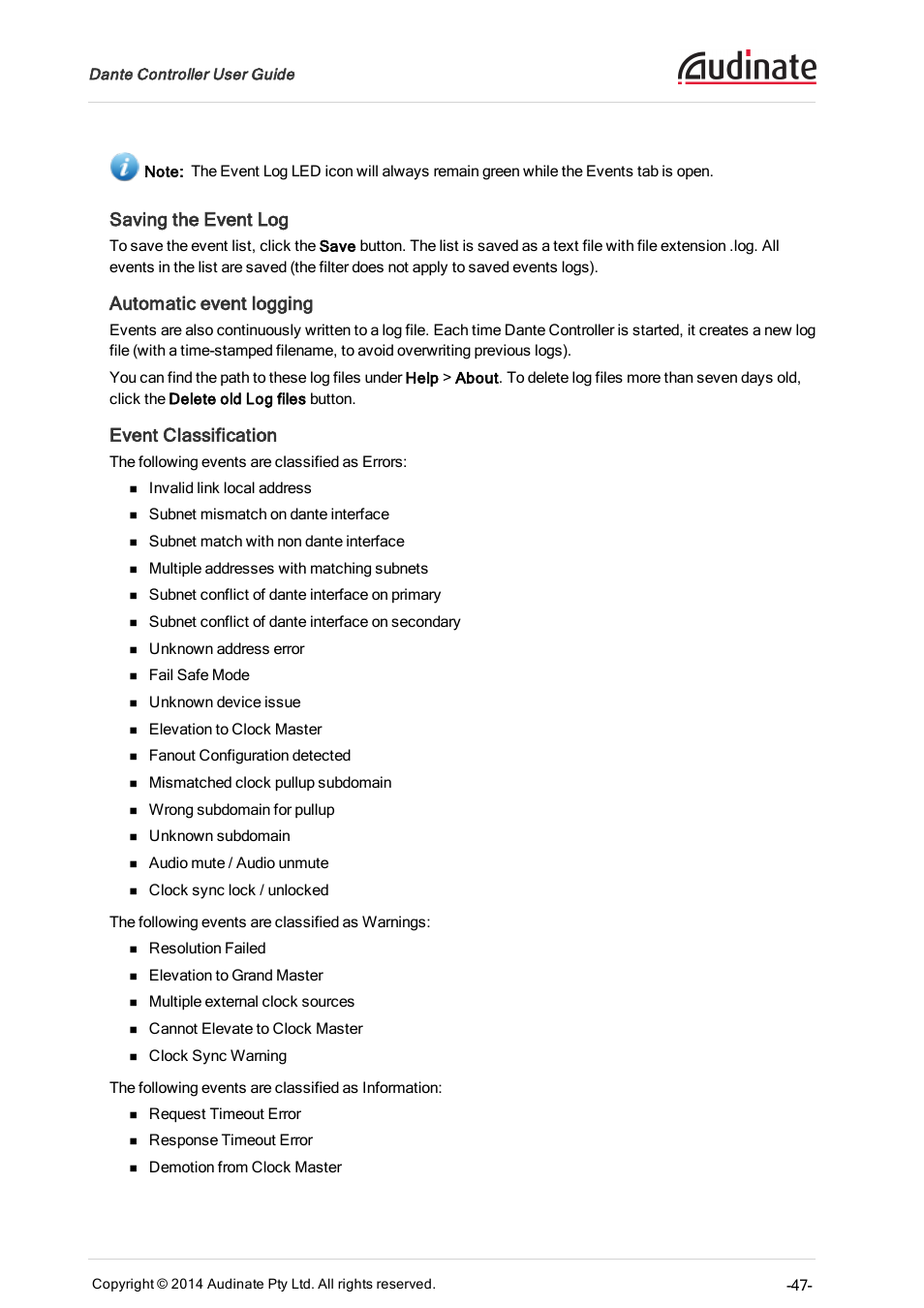 Saving the event log, Automatic event logging, Event classification | ClearOne Dante Controller User Manual | Page 47 / 82