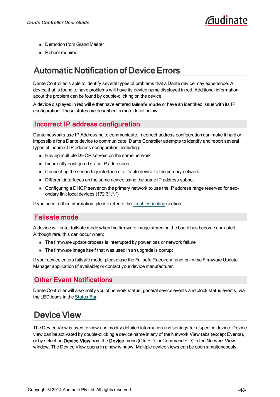 Automatic notification of device errors, Incorrect ip address configuration, Failsafe mode | Other event notifications, Device view, Automatic, Notification of device errors | ClearOne Dante Controller User Manual | Page 48 / 82